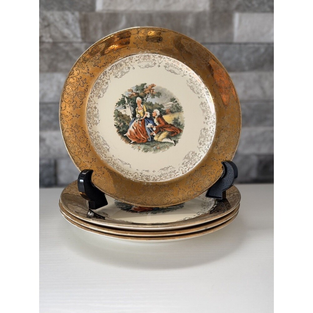 4 pc set Antique Sabin Crest-O-Gold plates Warranted 22K Gold Courting Couple